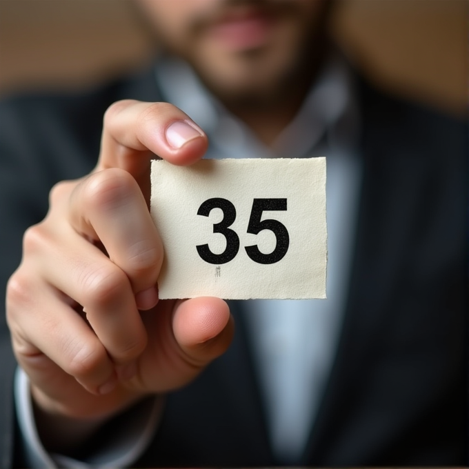 A person in a suit holds a small paper with the number 35 in bold black print.