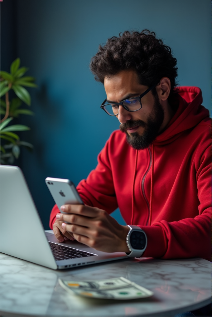 A person in a red hoodie uses a smartphone and laptop at a marble table with dollar bills.