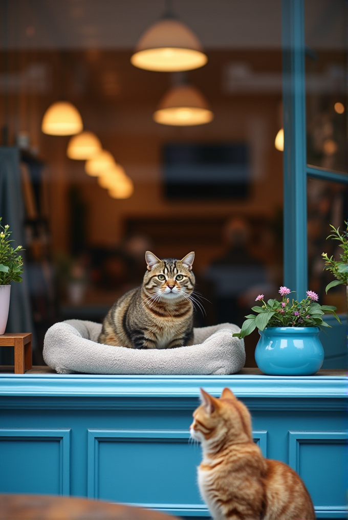 A tabby cat sits in a window on a cozy bed, observed by an orange cat outside, with potted plants and warm interior lighting inside.