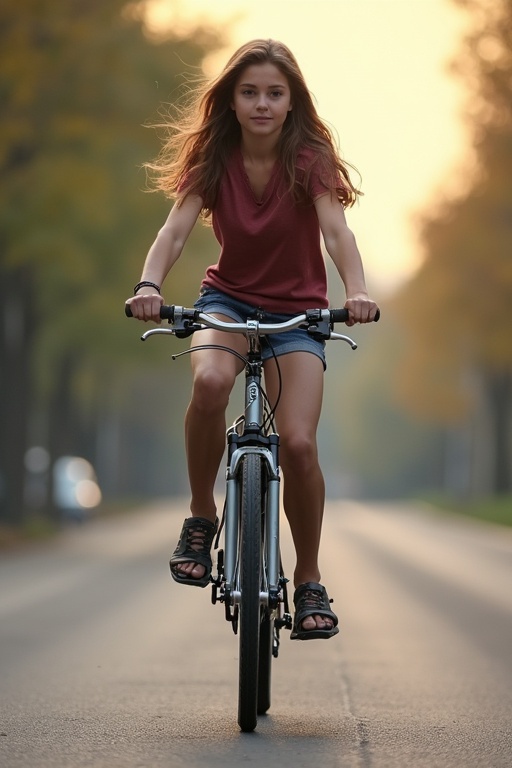 Teenager rides bicycle on an empty road surrounded by trees during sunset. The warm light casts a golden hue all around. The focus is on the girl cycling confidently with beautiful scenery in the background.