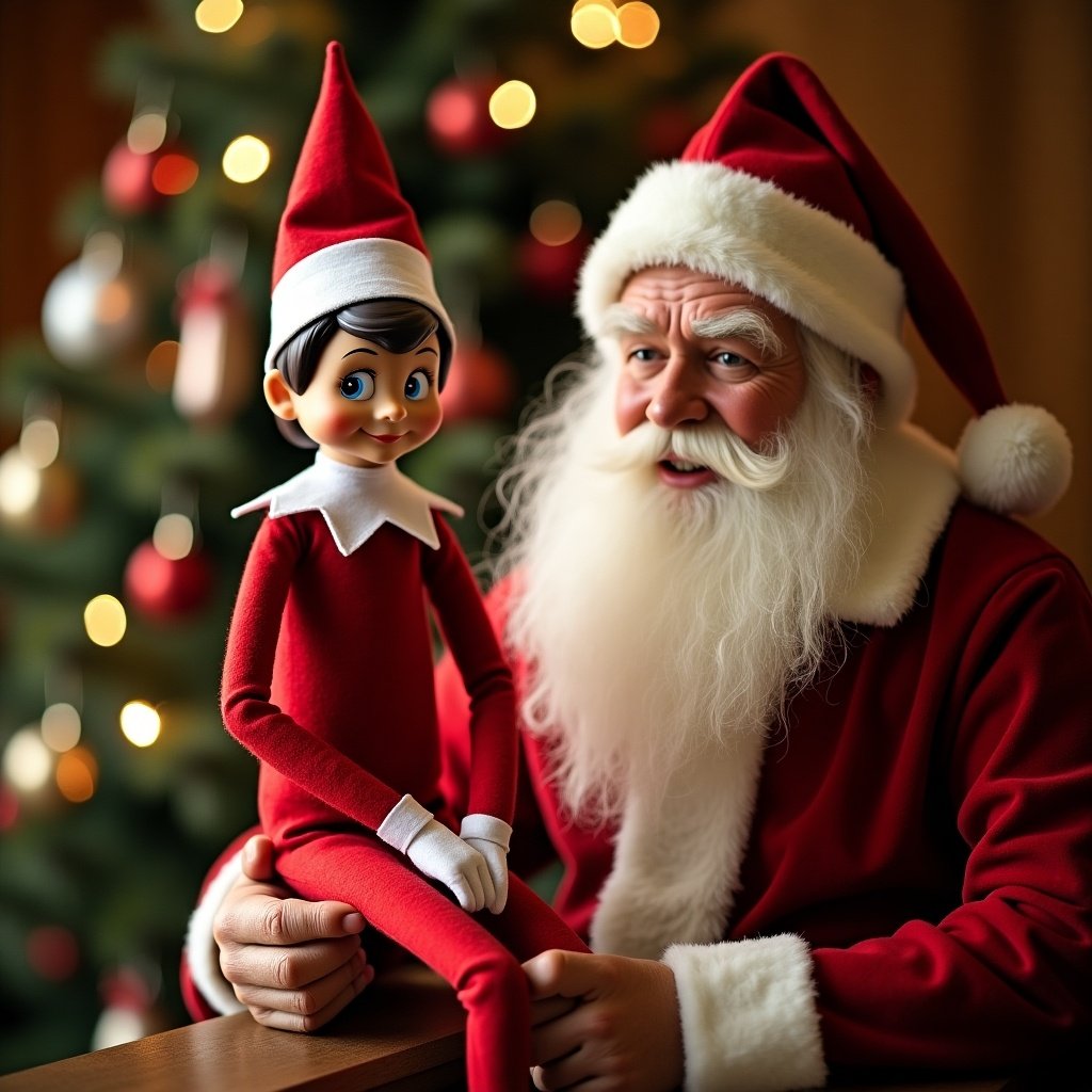 Elf sitting on Santa's lap. Santa has a lifelike appearance. Christmas tree in background. Holiday spirit.