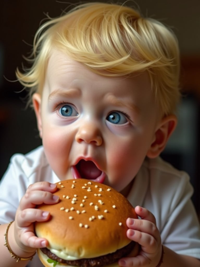 A toddler is holding a delicious hamburger. The child looks excited about the food. The background is blurred focusing on the child and burger. The setting is cozy, and the lighting is warm.