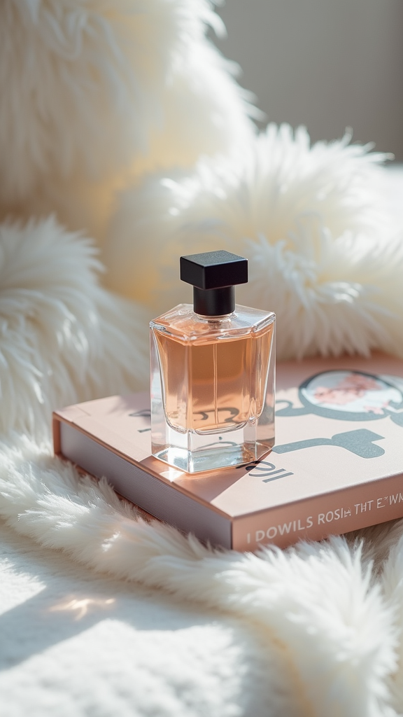 A sleek bottle of perfume with a black cap sits atop a closed book, placed on soft white fabric, bathed in gentle sunlight.