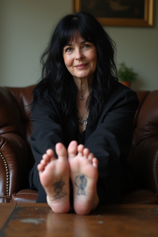 Image features mature goth woman with long black hair. She shows tattooed soles of her bare feet. She sits on a chair with feet on coffee table. She is smiling.