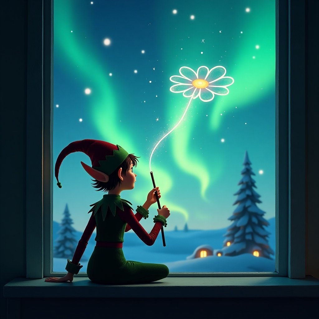 Elf on the shelf faces northern lights. Magical wand writes text in sky. Beautiful colors fill the backdrop.