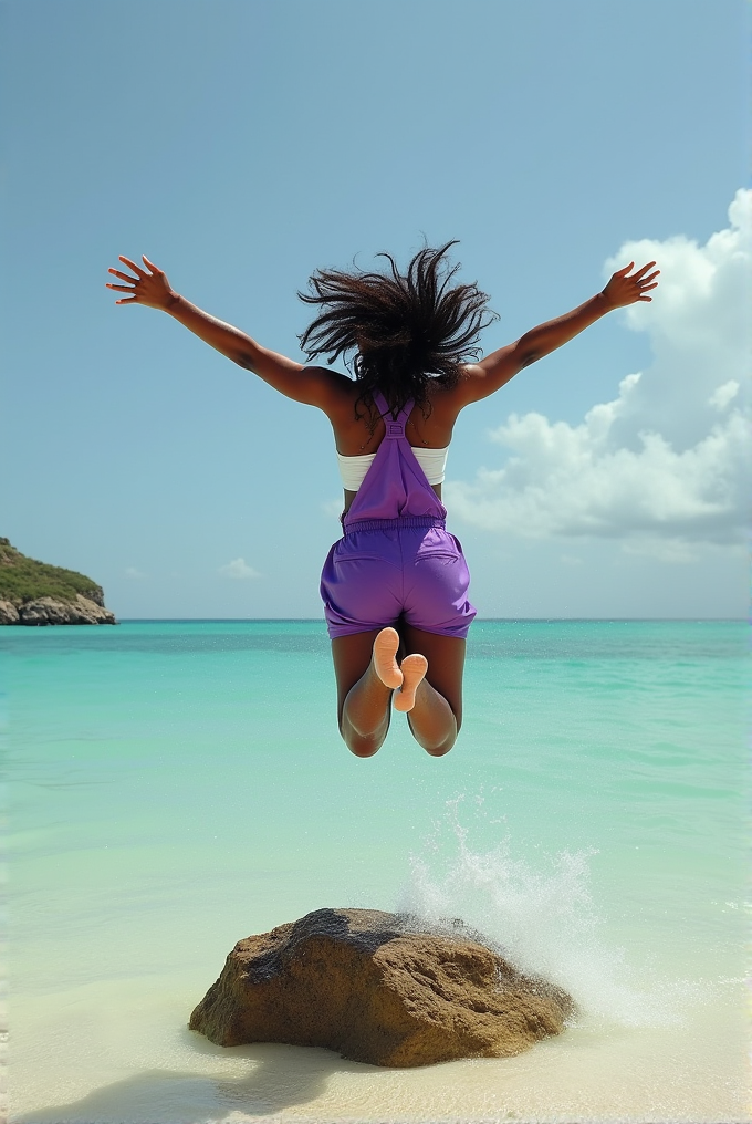 A person wearing a purple outfit jumps joyfully over a rock beside the ocean.