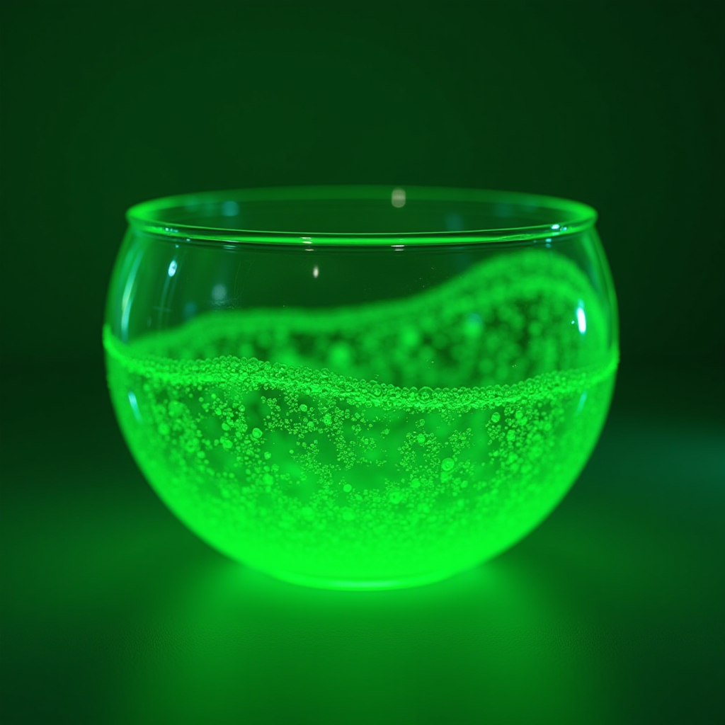 A glowing green liquid filled with bubbles inside a clear glass bowl, set against a matching green background, creating a vibrant and surreal visual effect.