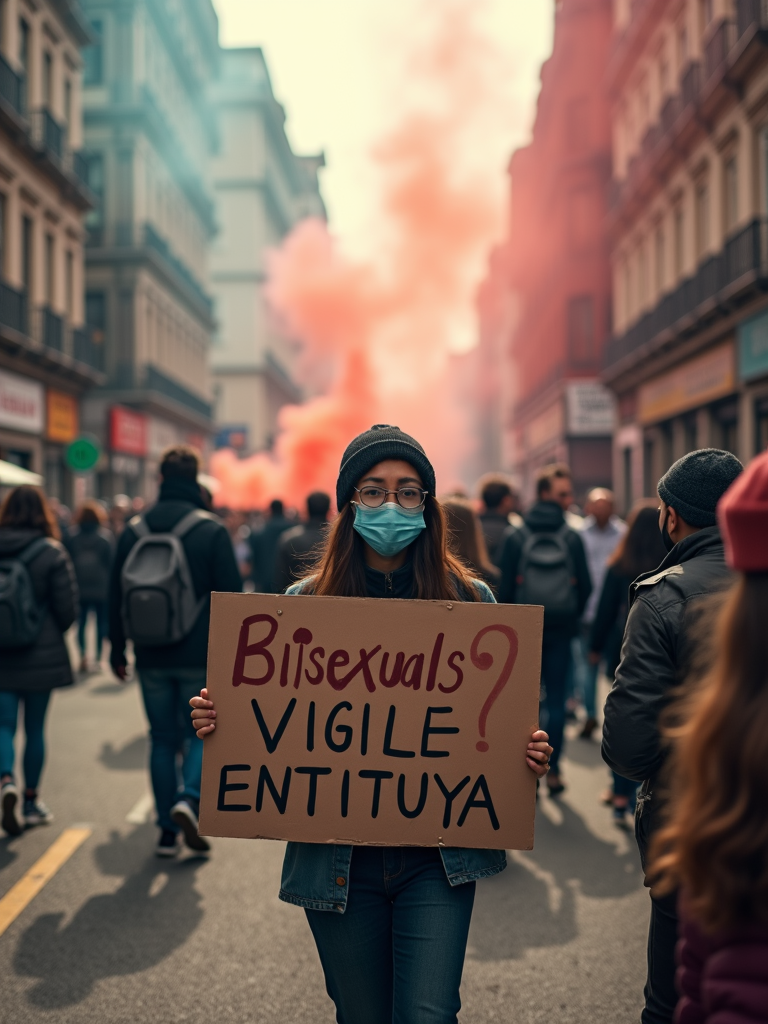 A person wearing a mask holds a sign at a demonstration, surrounded by smoke and fellow protesters on a city street.