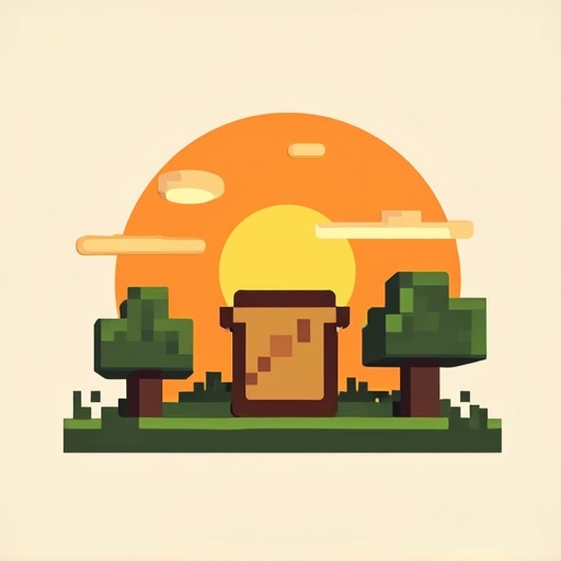 Logo design for Minecraft server named Breadland. Features orange sunset. Includes pixelated trees and grass. Center features bread pixel icon. Modern icon style used.