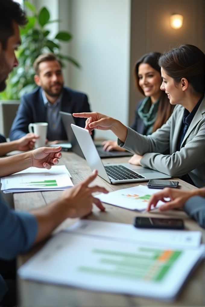 A group of business professionals in a meeting, discussing charts and graphs on a table.