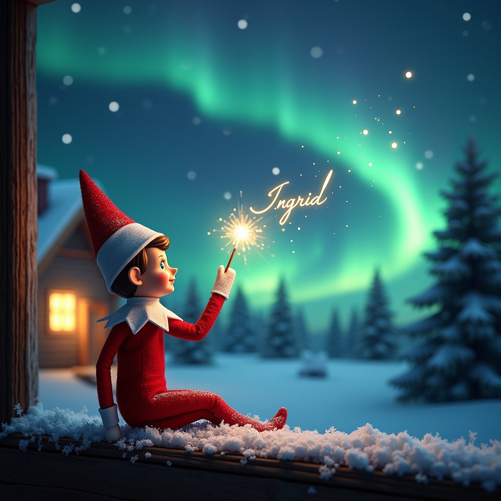 Enchanting Christmas scene with an elf on the shelf. Elf has back facing viewer and gazes at starry sky. Elf wields magical wand and writes 'Ingrid' in sky. Northern lights fill the background. Cozy house enhances holiday spirit with warm glow. Snow accumulates on the window sill.