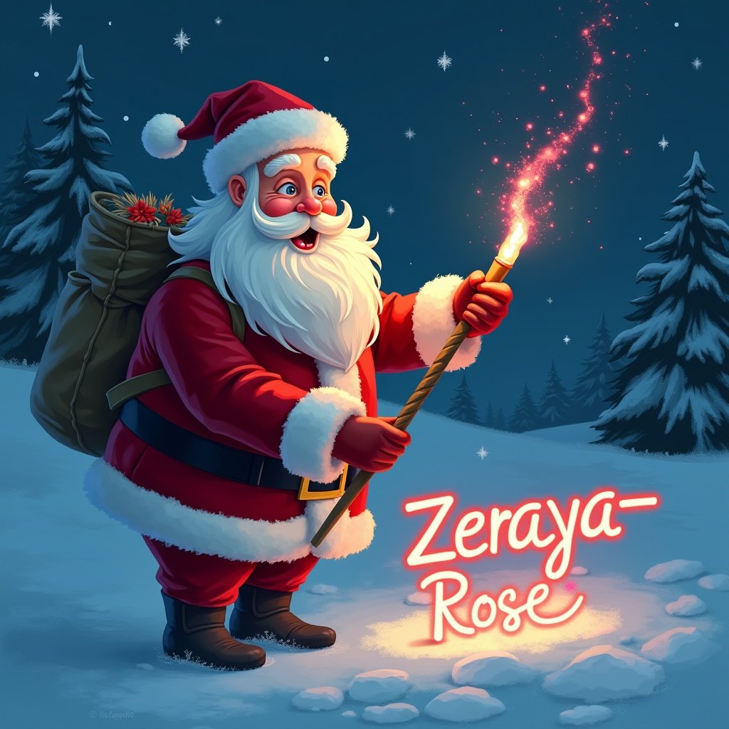 Santa Claus stands in a snowy landscape. He holds a glowstick wand and writes 'Zeraya-Rose'. The scene is magical and festive with snow-covered trees. His outfit is traditional red and white. The atmosphere is joyful and celebratory. The glow of the wand casts light in the snowy night.