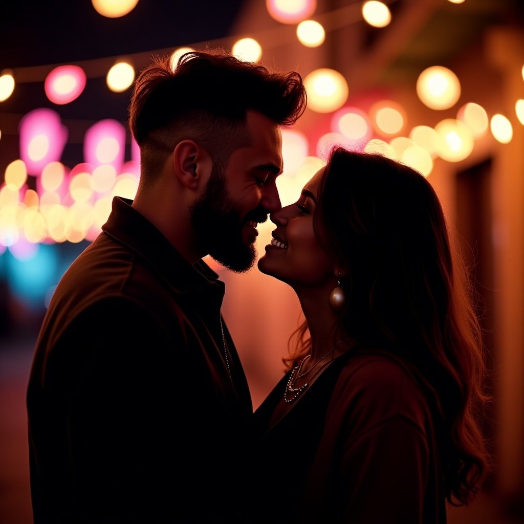 Romantic scene with couple about to kiss in string lights at night. Warm dreamy atmosphere created by colorful lights. Couple silhouetted against lights shows closeness. Male has stylish haircut and beard. Female has long flowing hair. Both appear happy in a blurred background.