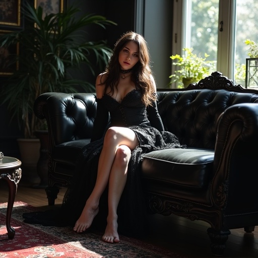 A beautiful Caucasian goth woman with dark makeup sits barefooted on a stylish gothic couch in a chic living room. Natural light fills the space.