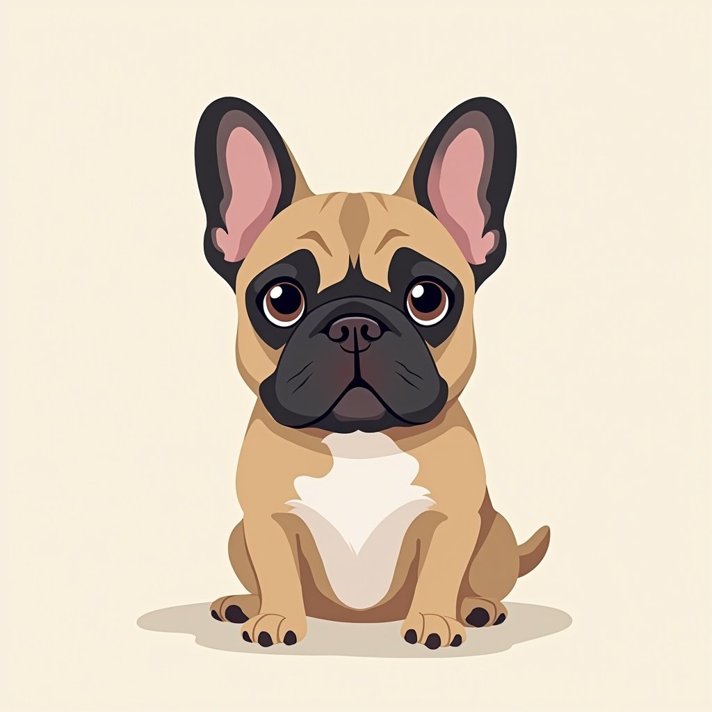 French Bulldog illustrated in a minimalist doodle style. A cute cartoon dog with a light tan coat and black markings. The dog has large, expressive eyes and a playful appearance.