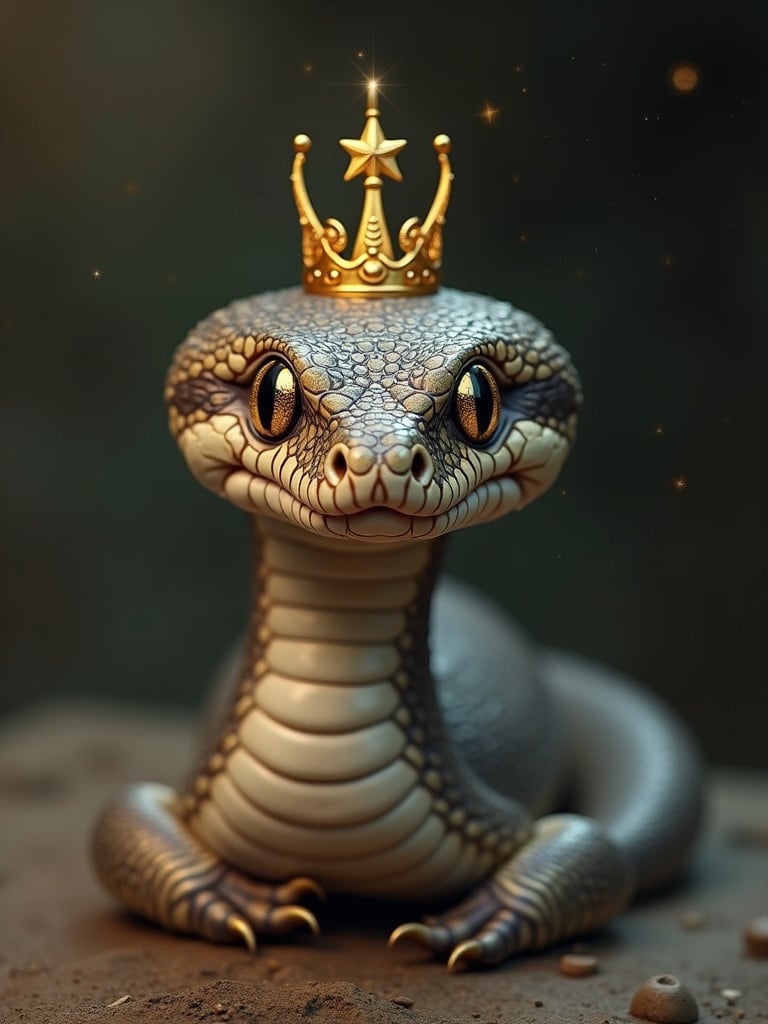 A small snake has golden eyes. A crown is on its head. The snake represents the Cancer zodiac sign. The setting is magical and whimsical.