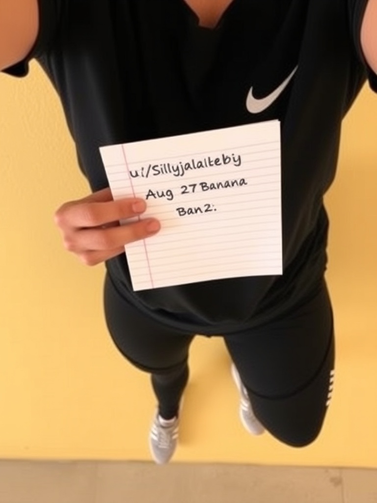 The image depicts a person dressed in athletic wear, holding a piece of notepaper with handwritten text visible. The shot is taken from a top-down angle, emphasizing the paper and partially obscuring the person's identity. The wall in the background is a muted yellow, adding contrast to the dark clothing.