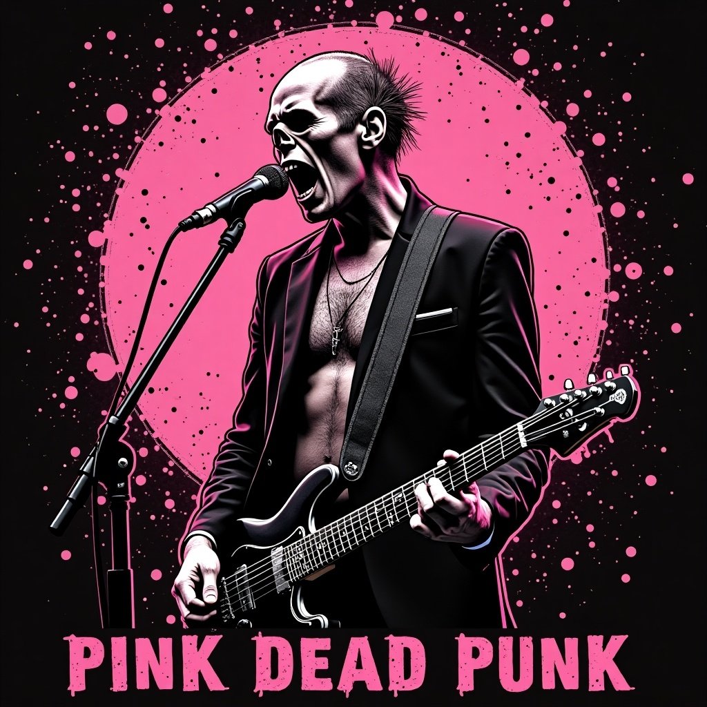 A guitarist wearing a black suit with an electric guitar. Background has a large pink circle. Title text says 'PINK DEAD PUNK'.