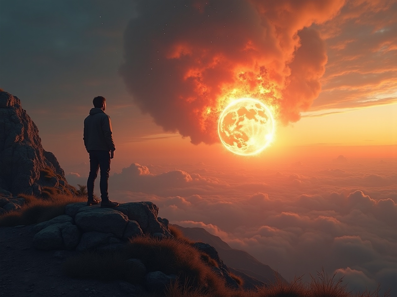 A lone individual stands on a rocky cliff, gazing at an ethereal sun-like orb suspended in the sky, surrounded by ominous clouds. The setting is magical and otherworldly, with the warm glow of the orb illuminating the surroundings and casting long shadows. The scene evokes a sense of wonder and introspection, as the atmosphere blends the mystical with the natural beauty of a landscape above the clouds.