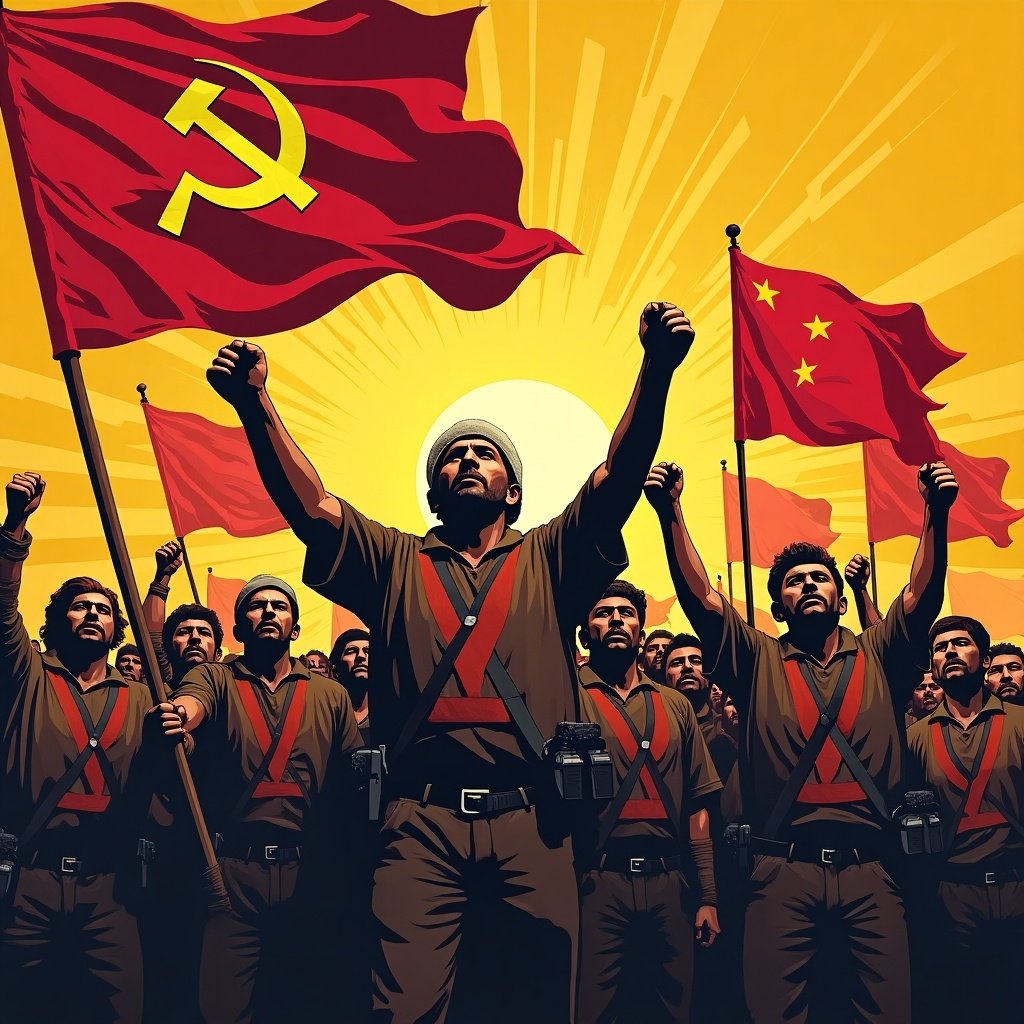 A group of individuals in uniform holds flags. They show determination with raised fists. The scene is inspired by communist iconography and evokes strong collective emotion. The background features a radiant sun symbolizing hope. The style is bold and graphic, resembling political art from the mid-20th century.