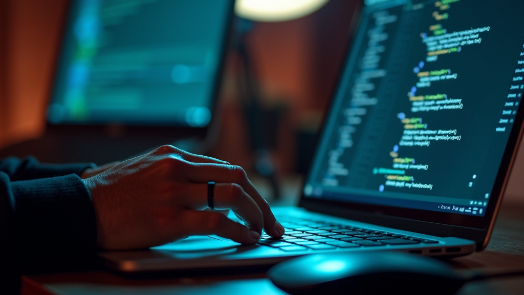 A person is focused on typing code on a laptop in a dimly lit room, with multiple monitors displaying lines of colorful code and a cozy office ambiance.