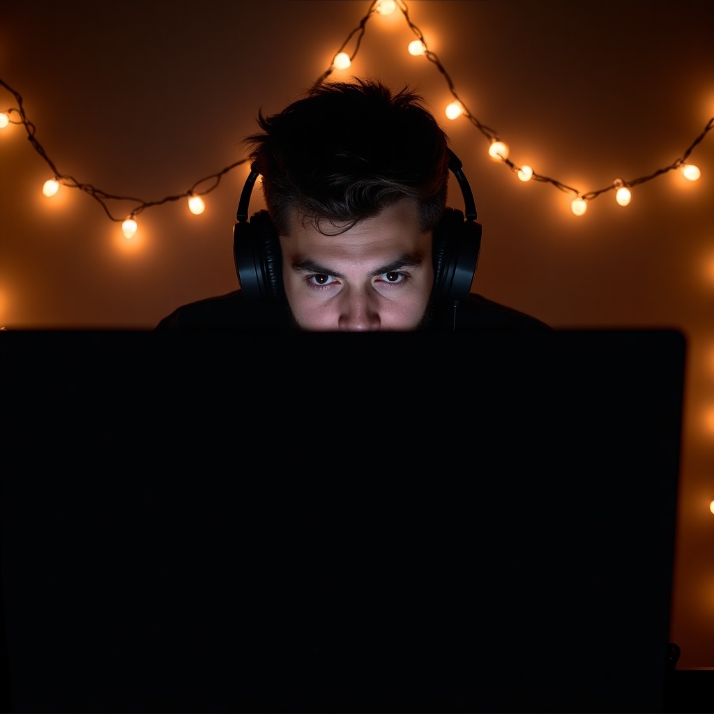 A person in a dimly lit room. Wearing large headphones. Surrounded by warm glow from string lights. Staring intently at a computer black screen.