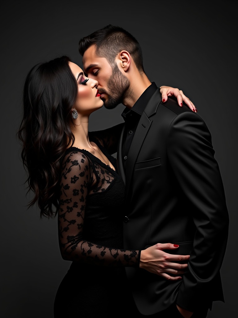 A couple embracing in a close and intimate gesture. The woman has long dark hair and dramatic makeup. The man has a rugged appearance and short hair. Both wear elegant black attire which enhances sophistication and allure.