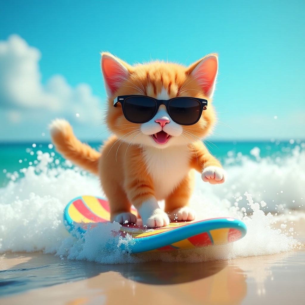 A Ragdoll cat surfing on a colorful board at the beach. The cat wears sunglasses, enjoying a sunny day by the ocean. Waves splash around.