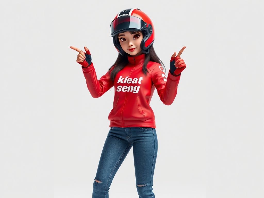 A 3D animated character in a red biker outfit and helmet, enthusiastically pointing with both hands.