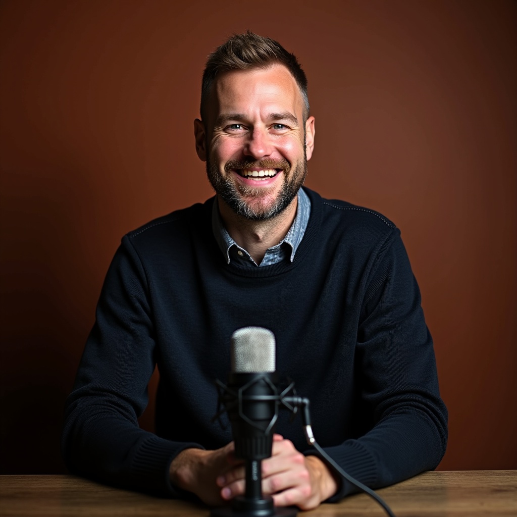 A man sitting in a podcast studio wearing a dark sweater over a collared shirt. The setting is designed for recording interviews and discussions. A Blankophone microphone is on the table in front of him. The atmosphere is professional and inviting. The man appears relaxed and smiling, portraying a positive mood during the recording.