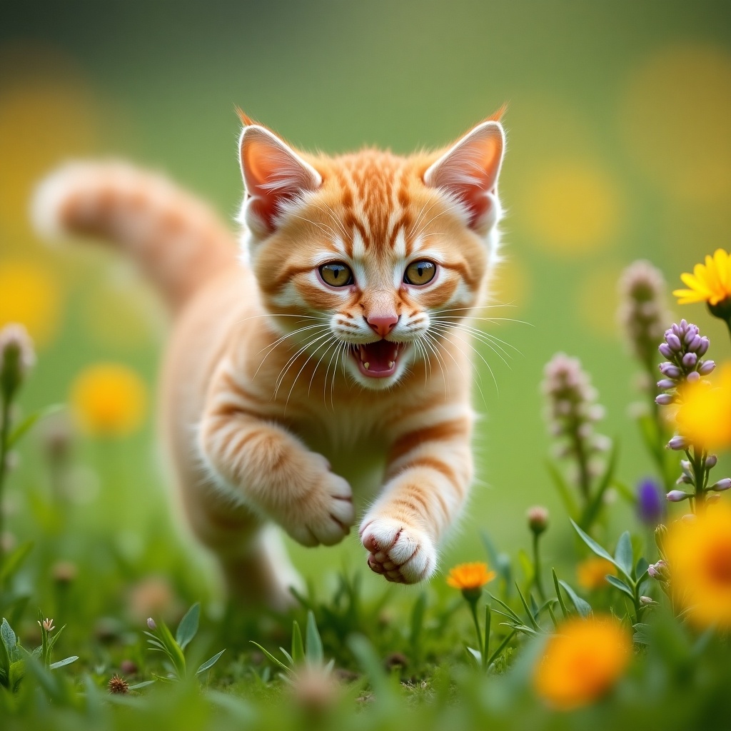 A lively orange tabby kitten races through a flower-filled field. The scene captures the essence of playfulness and freedom.