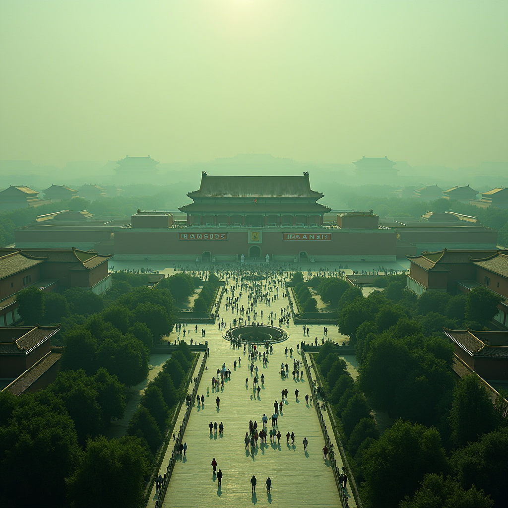 Aerial view of people walking towards a grand entrance in a historical courtyard under a hazy sky.