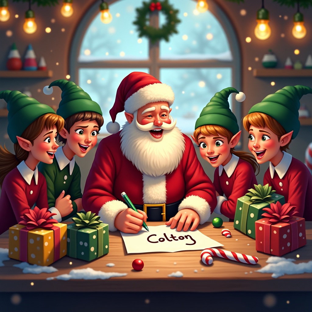 This is a joyful Christmas scene inside a workshop where Santa Claus is surrounded by cheerful elves. All characters are smiling and engaged in festive activities. The elves wear green hats and red outfits, while Santa is dressed in his classic red suit. Brightly wrapped presents are scattered around the table, enhancing the holiday spirit. Candy canes and colorful ornaments add to the decorations. Snow can be seen through the cheerful window, contributing to the cozy winter atmosphere. Warm lights illuminate the scene, enhancing the festive mood as Santa writes the name Colton.