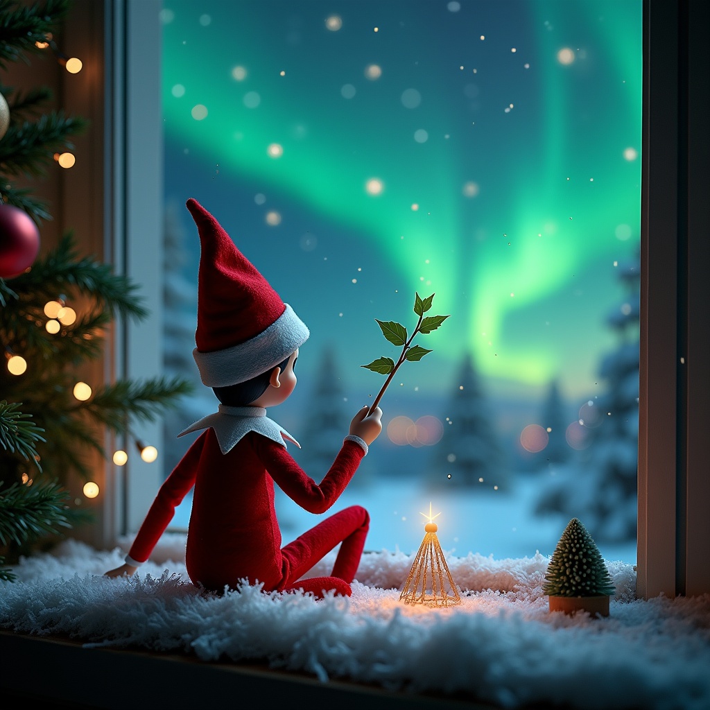 The image features an elf on the shelf character sitting by a snowy window. With his back to the viewer, the elf gazes at a spectacular sky filled with northern lights. In his hand, he holds a magical wand and seems to be writing 'Ivy' in the air. The background reveals a picturesque Christmas scene, complete with softly glowing lights from a nearby tree. The atmosphere feels both whimsical and enchanting, capturing the magic of the holiday season.