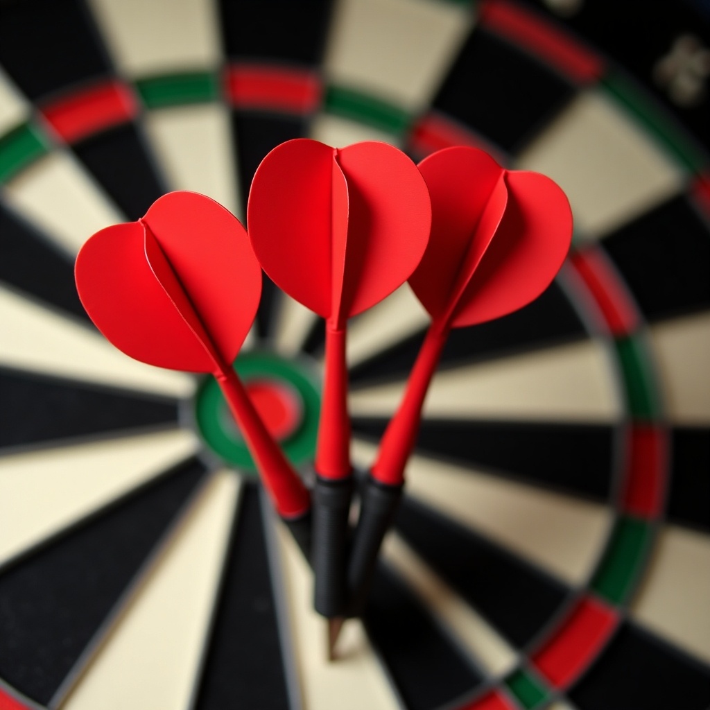 Four red darts clustered in the bullseye of a dartboard. The dartboard has classic black and white segments with red and green accents. This image illustrates precision and accuracy in dart gaming. The vibrant red darts contrast with the board's black and white design. Focus and strategic aim in a competitive context are represented.