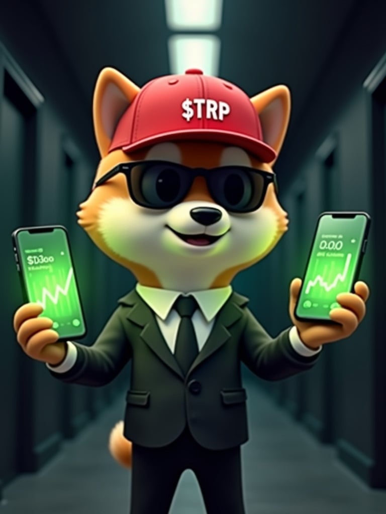 Animated cartoon Shiba inu dog wearing a red baseball cap called $TRP. The dog is in a black suit and sunglasses. It is holding an iPhone in each hand. Each iPhone shows cryptocurrency green charts. The setting is a dark hallway with shiny green lights.