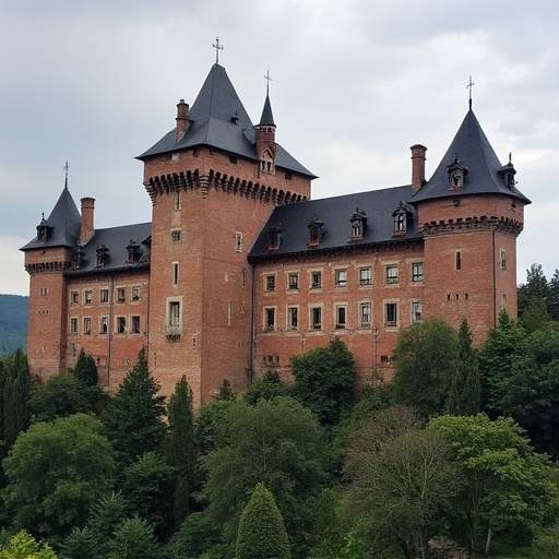 Famous castle situated in Heidelberg. Towering structure with multiple spires and surrounded by lush greenery. Overcast sky enhances the medieval look. A popular destination for tourists and history enthusiasts.