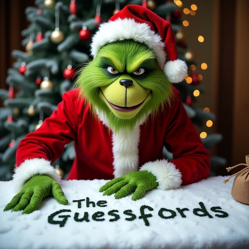 A hyper-realistic photo of a character resembling the Grinch in a Santa Claus suit with a bag. The character shows a smirk while writing 'The Guessfords' in snow on a table. In the background, there is a decorated Christmas tree.