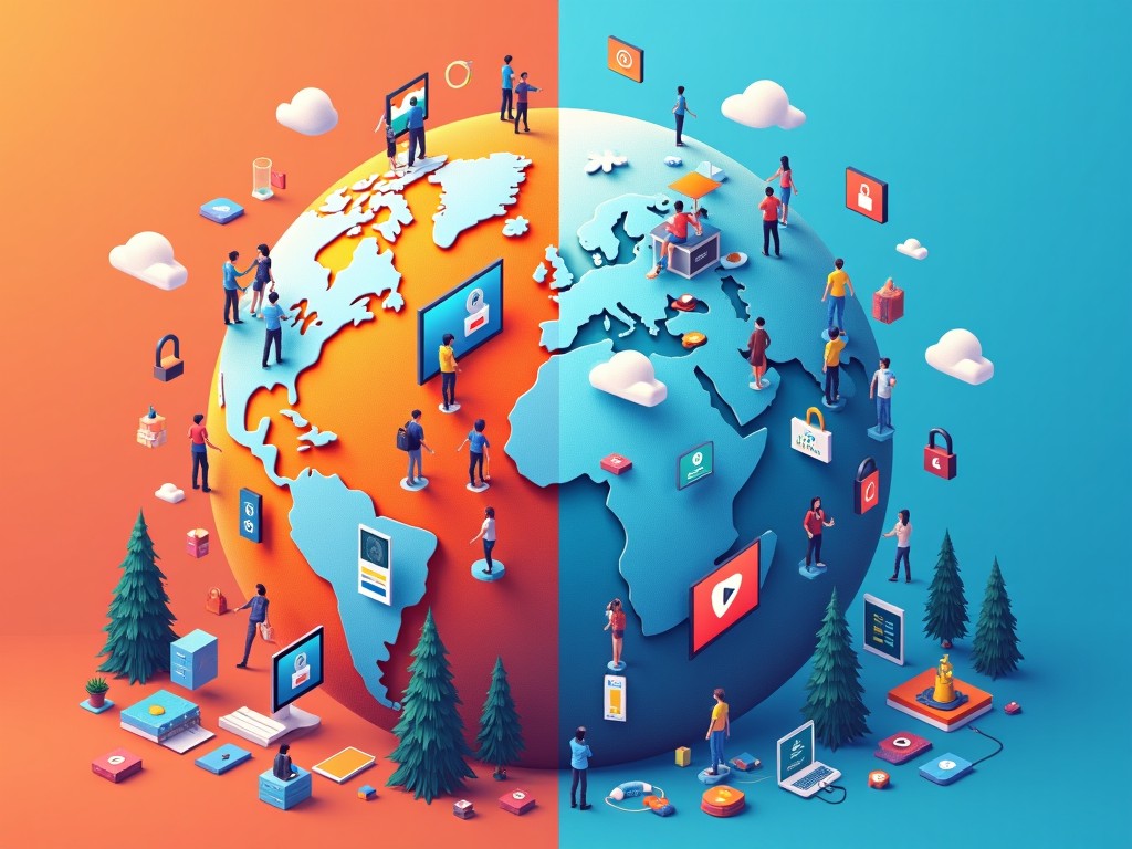 The image depicts a stylized globe divided into two halves, one side in vibrant orange and the other in bright blue. Each half features people interacting with various digital elements and icons. The orange side showcases technology related to data security and communication, while the blue side focuses on media and entertainment. There are trees and clouds, adding a nature feel to the digital landscape. This artwork symbolizes the interconnectedness of our digital world and the diverse activities people engage in online.