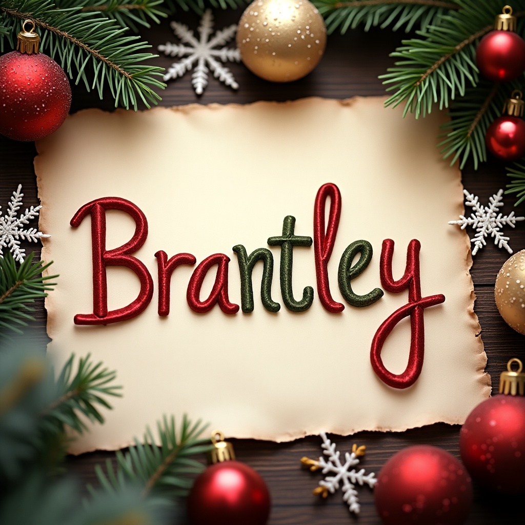 The image showcases a festive and warm Christmas-themed design. At the center, the name 'Brantley' is beautifully written in bright red and green lettering. Surrounding this name are shimmering gold and red ornaments, as well as evergreen branches, adding to the holiday vibe. Snowflake decorations sprinkle the scene, enhancing the winter spirit. The background features a textured, warm wooden surface, making the festive elements stand out. This setup is perfect for personalized holiday greetings or decorations.