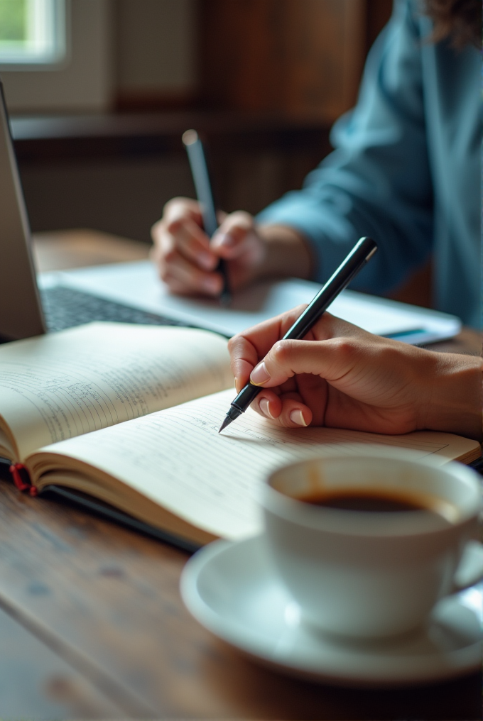 Two people are writing in notebooks with a cup of coffee nearby.