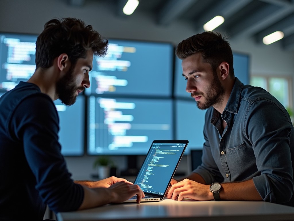 Two young professionals engaged in coding on a laptop, surrounded by large screens displaying code, in a dimly lit modern office space.