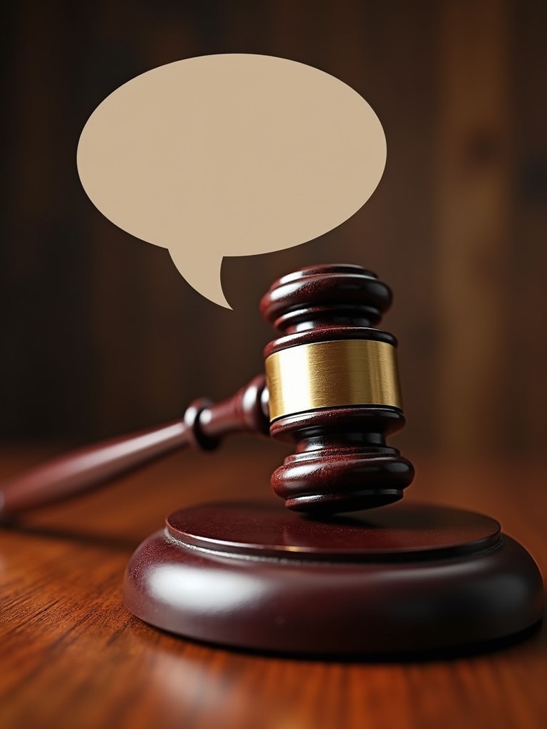 Close up of a judge's gavel on a wooden surface. Speech bubble appears above the gavel. Suitable for legal topics