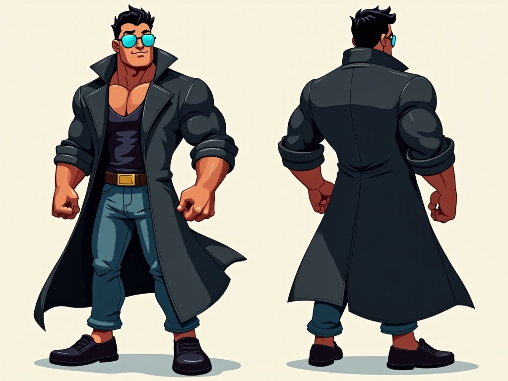 This image features a stylish superhero character designed in a modern animated style. He wears a long black trench coat over dark casual attire. The character is shown from both the front and back, showcasing his outfit details and muscular forearms as if he is ready for action. His sunglasses are blue showing his brown eyes behind them. The background is neutral, allowing the character to stand out dramatically. Overall, it conveys a sense of power and vibrancy perfect for a heroic theme.