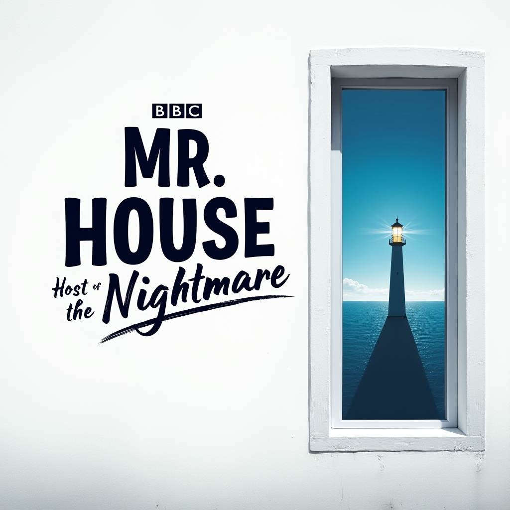 A wall poster for 'Mr. House: Host of the Nightmare' beside a window showing a bright lighthouse.