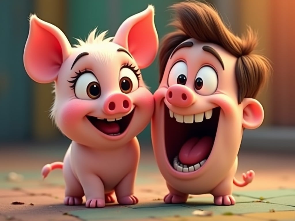 This image features a cheerful animated piglet with big eyes, standing alongside a person with a large smile. The piglet has a playful demeanor and exudes happiness. Both characters have exaggerated features that are common in animated art. The overall scene is bright and colorful, creating a joyful atmosphere. This type of illustration is perfect for children's content or family-oriented themes.