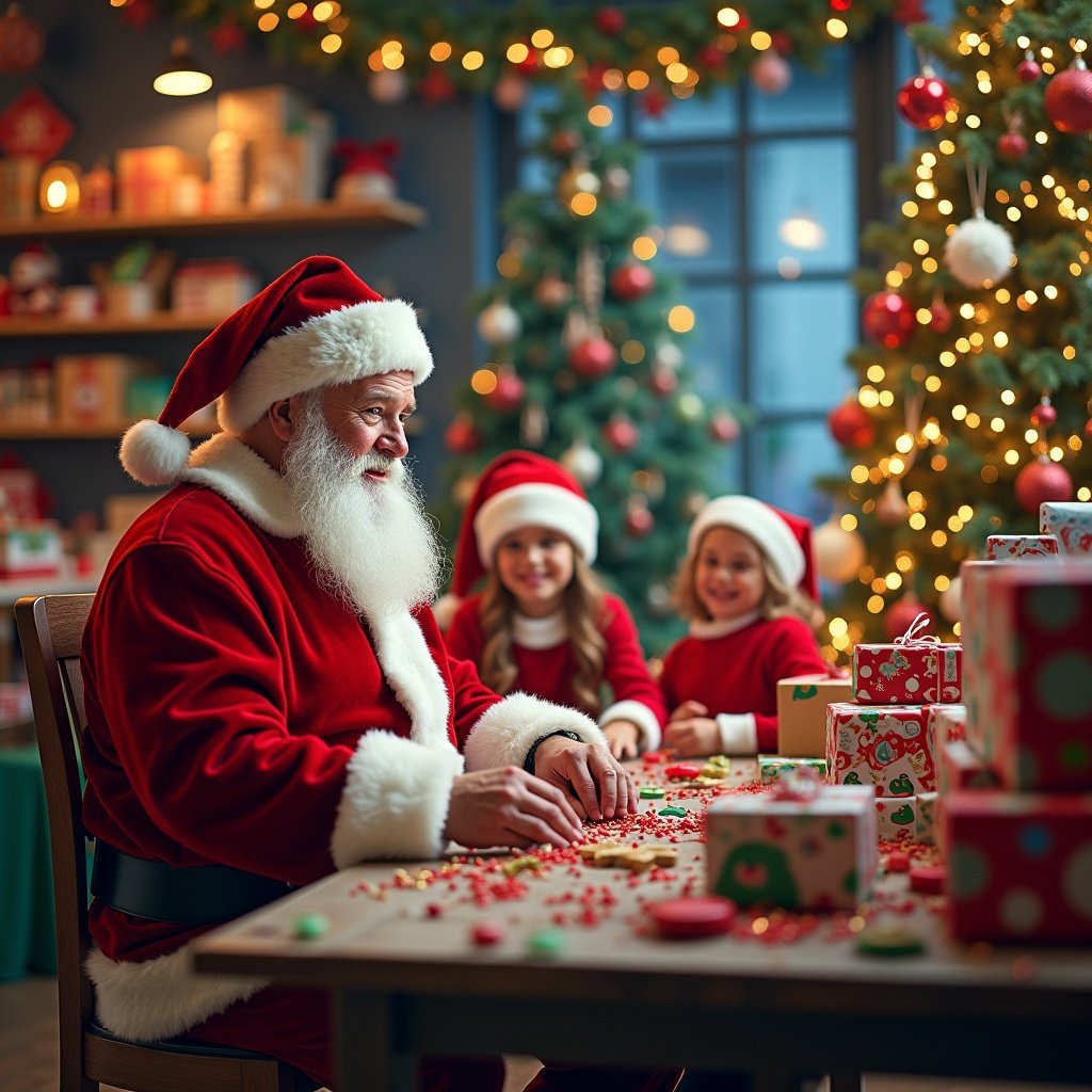 Santa Claus creates Christmas crafts with colorful decorations. The scene is warm and festive with holiday cheer.