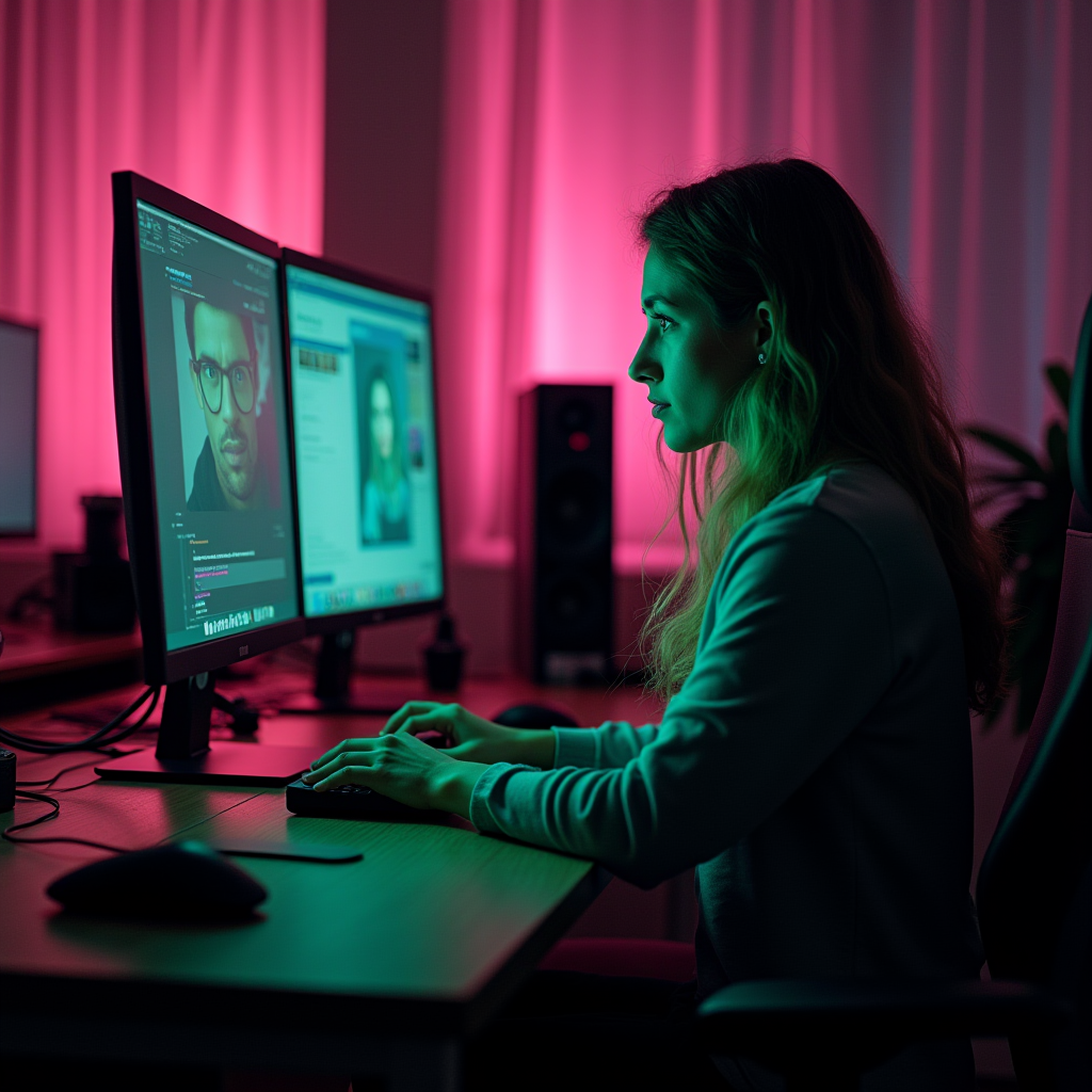 A woman in a dimly lit room is working on two computer monitors, surrounded by pink and green lighting.