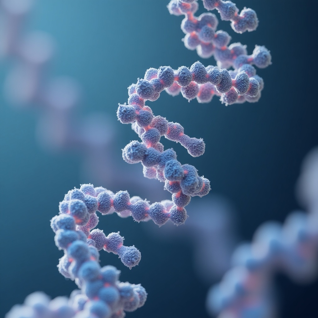 This image depicts a detailed model of a messenger RNA (mRNA) molecule, showcasing its single-strand structure. The mRNA is represented in vibrant colors that emphasize its intricate electrostatic features. The background features a soft gradient, enhancing the focus on the molecular strand. This artistic representation highlights the importance of mRNA in biological processes, particularly in protein synthesis. It is designed to captivate viewers interested in molecular biology and genetic research, making it suitable for educational and scientific purposes.