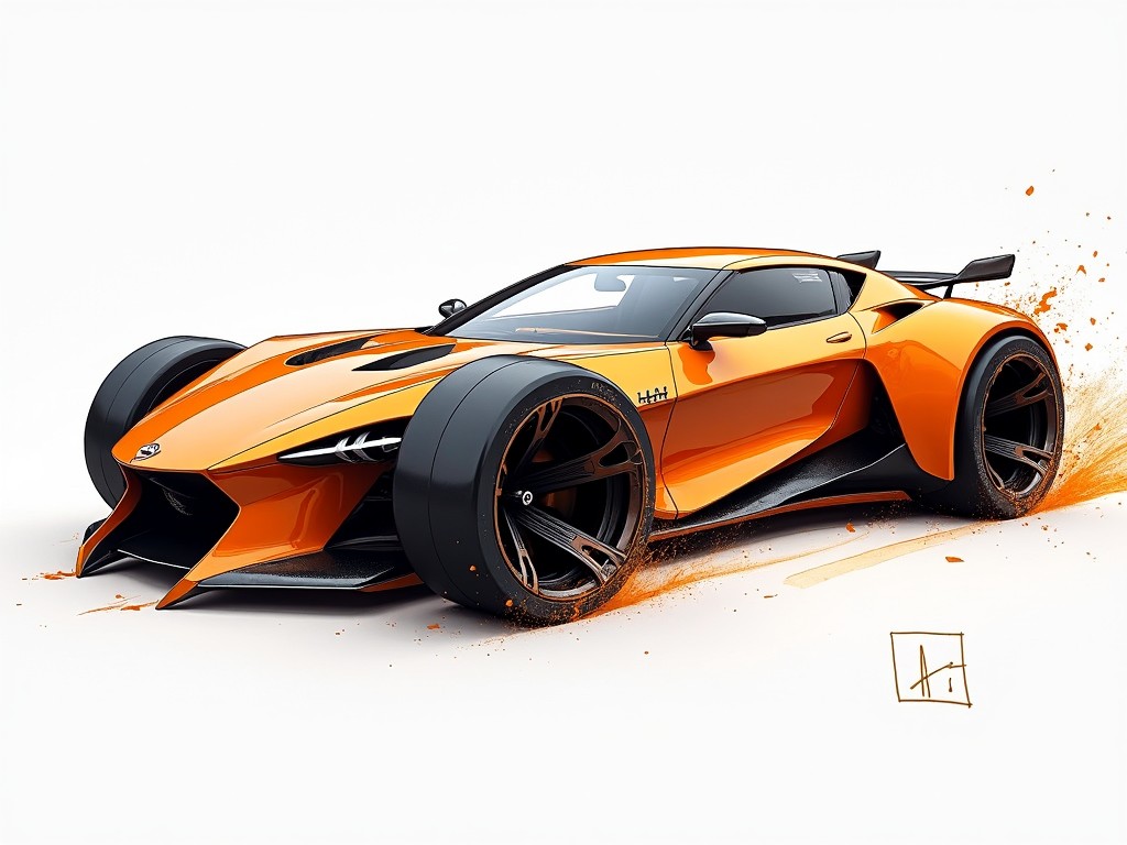 This image features a striking sketch of a concept car inspired by Hot Wheels. The car boasts a vibrant orange body with sleek aerodynamic lines and oversized tires. It has an aggressive stance that suggests speed and power, perfect for racing fans. The design includes futuristic elements that captivate the imagination. In the background, splashes of orange add a dynamic feel, enhancing the overall aesthetic.